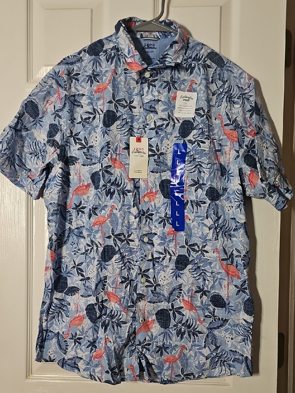Izod Saltwater Shirt Mens Large Blue Flamingo Floral Cool FX Relaxed NWT